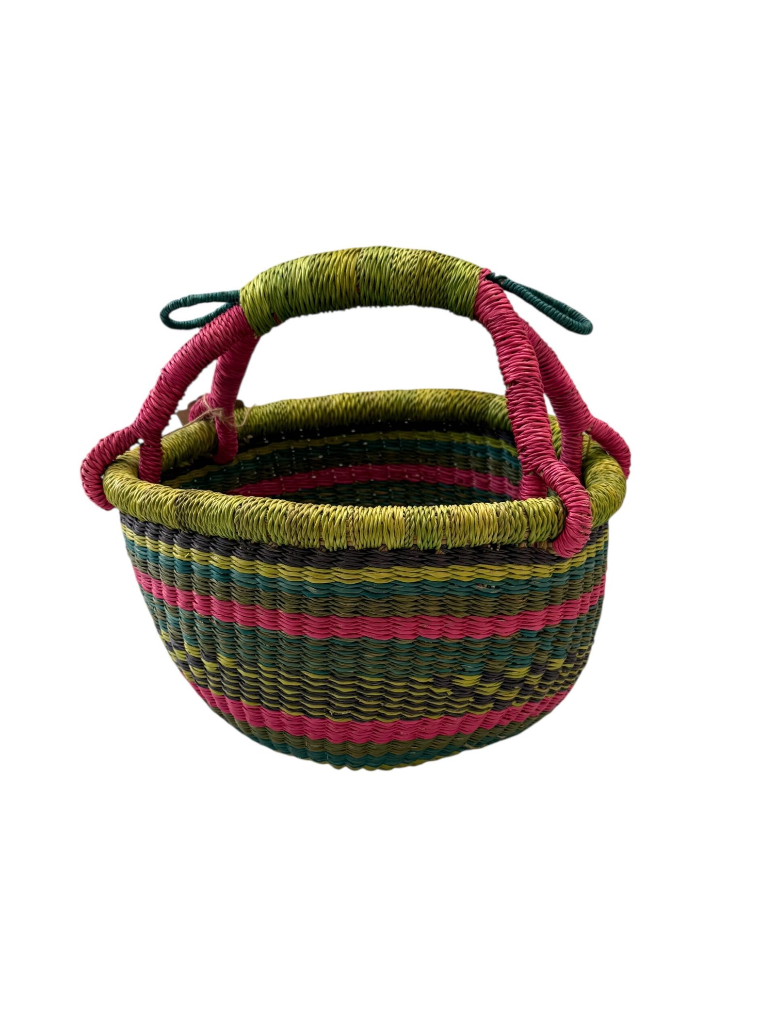 A small round basket made with elephant, hand grass green as the main color