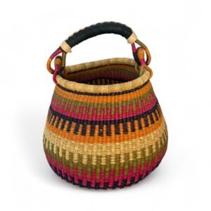 Colorful basket with a wider top than the bottom and a letter handle