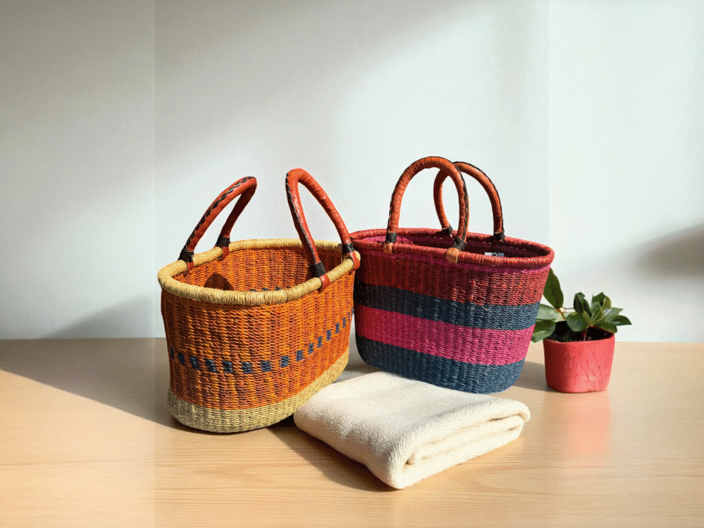 Two oval basket sitting in the bathroom